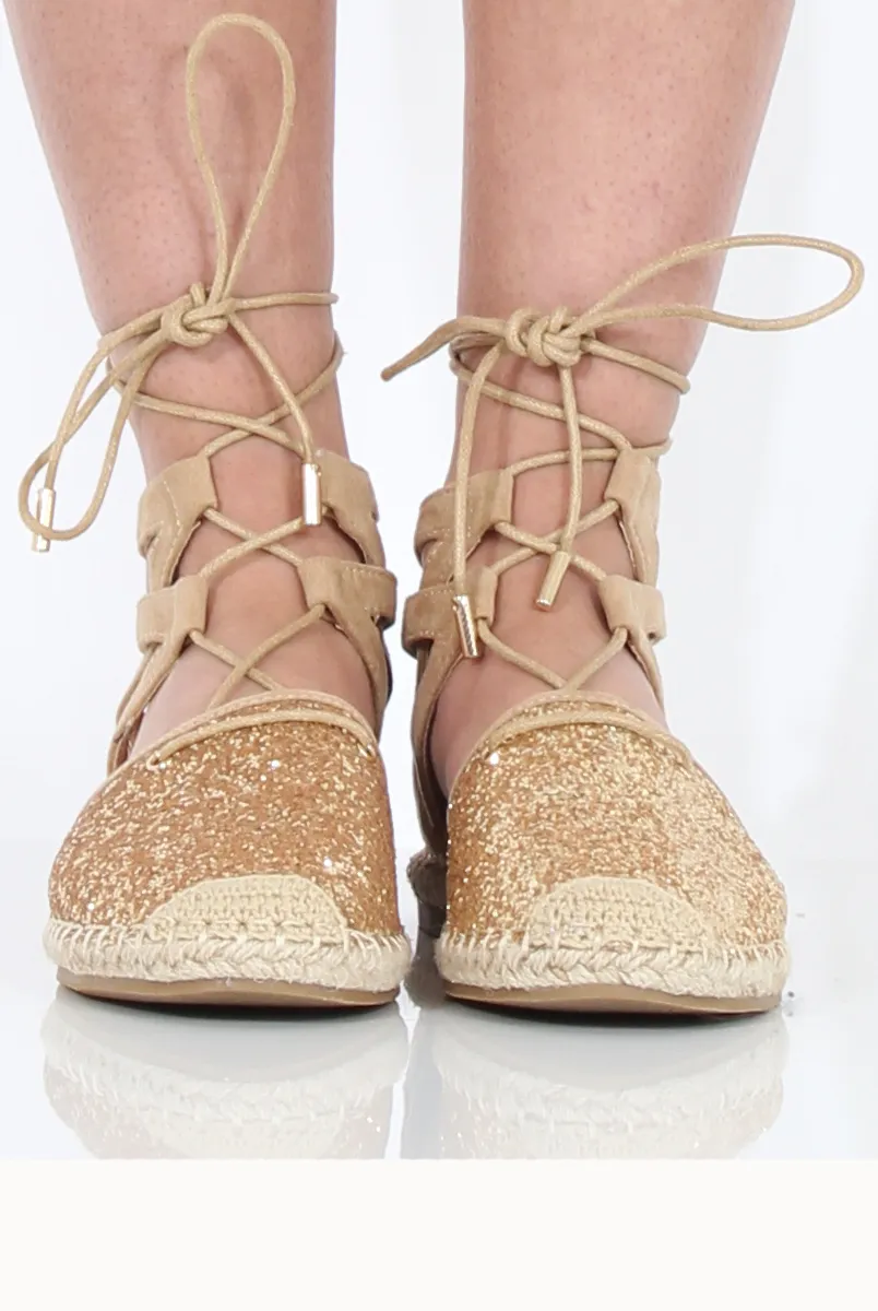 Gold Glitter Lace Up Espadrilles - Bonnie
